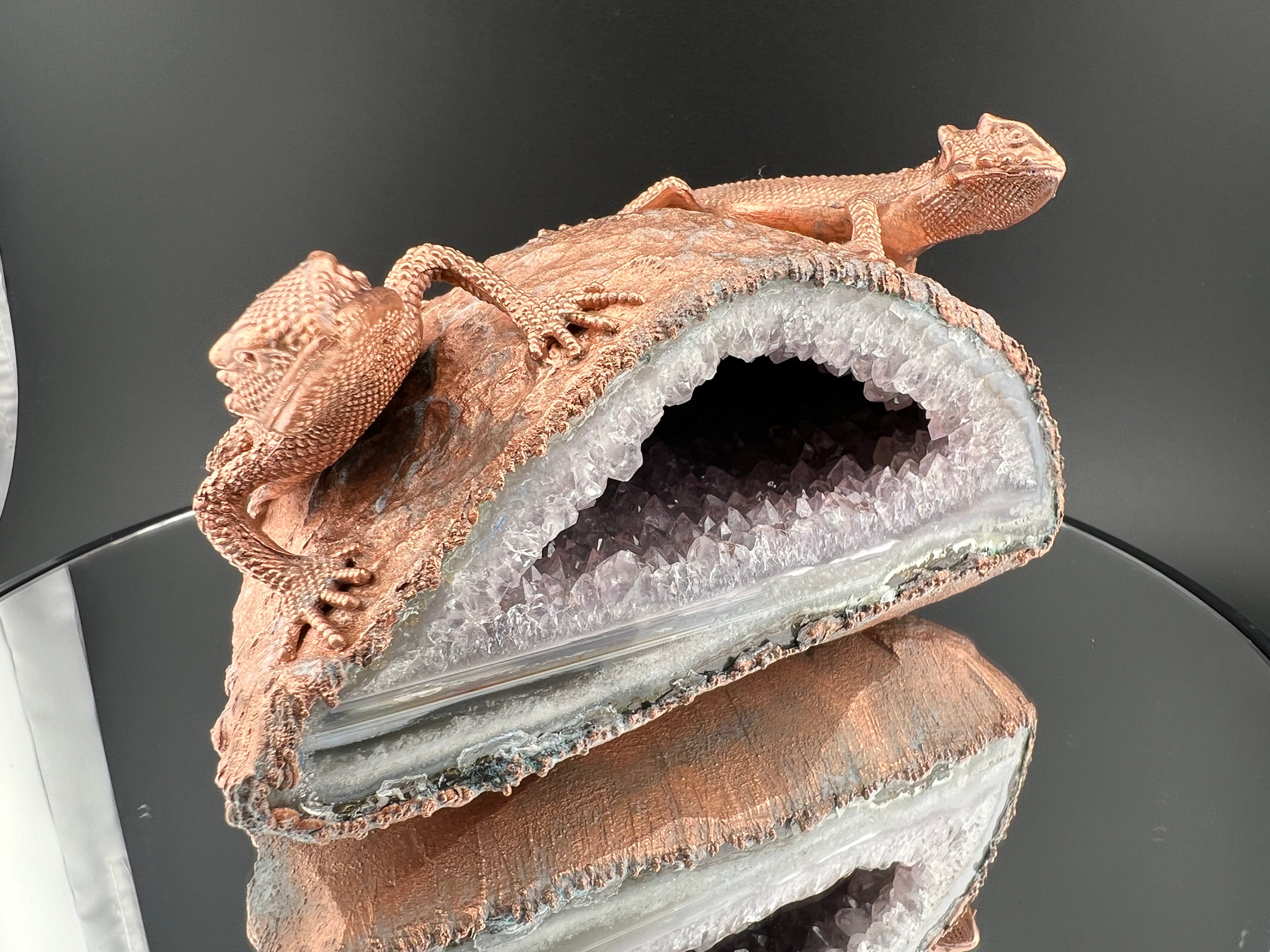 Geckos On Pale Pink Amethyst Geode Cave Copper Electroformed