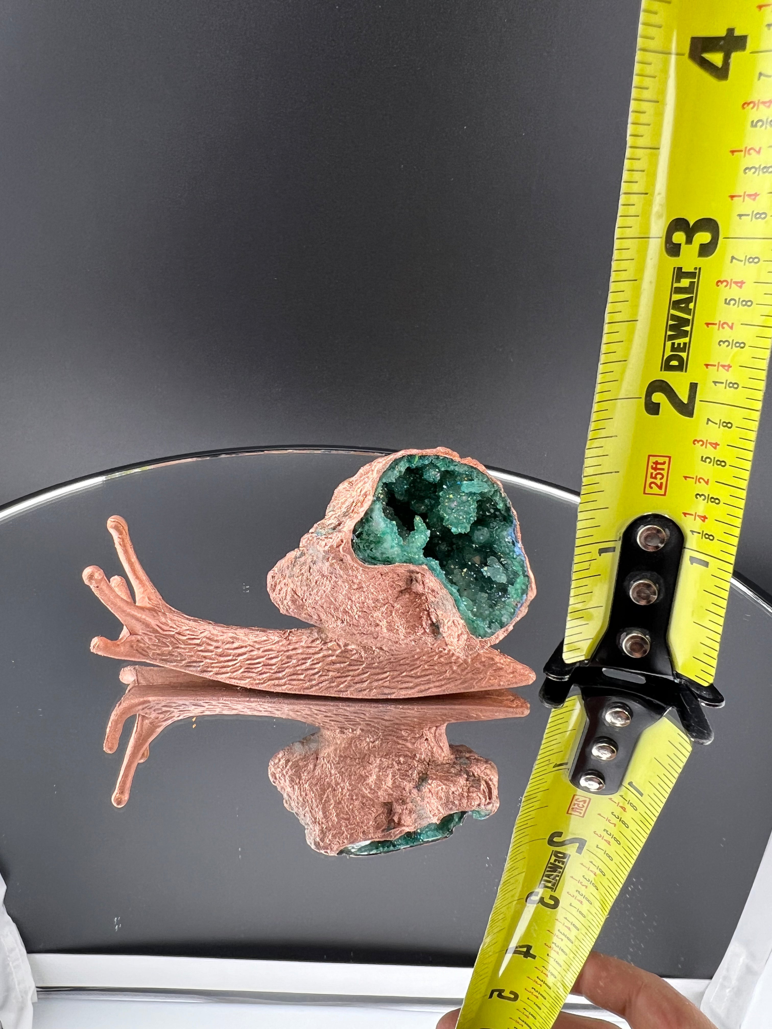 Snail With Green Dyed Geode As Shell Copper Electroformed