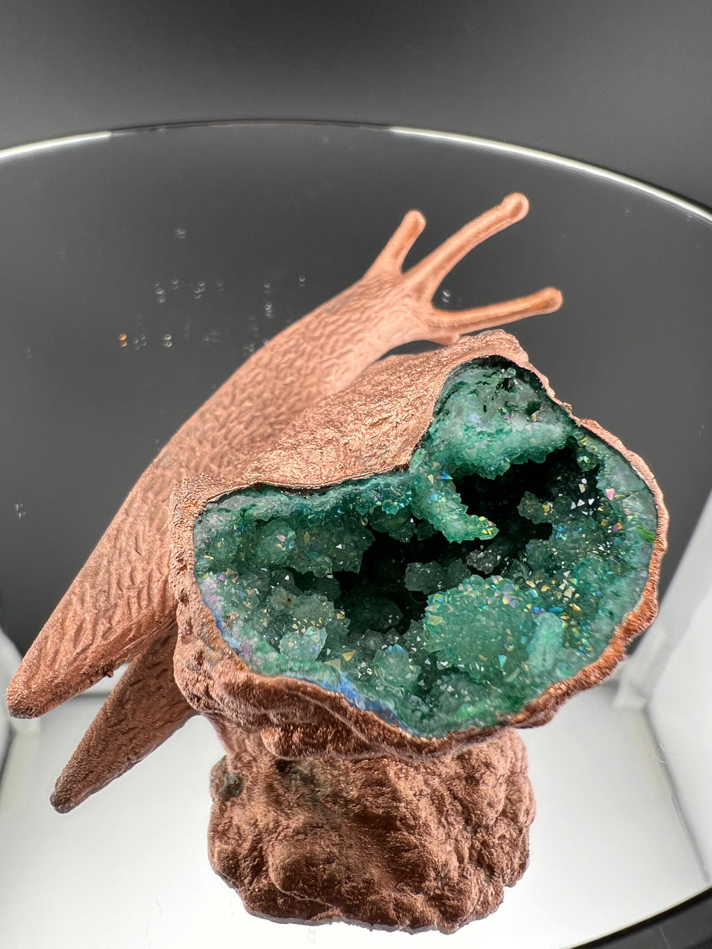 Snail With Green Dyed Geode As Shell Copper Electroformed