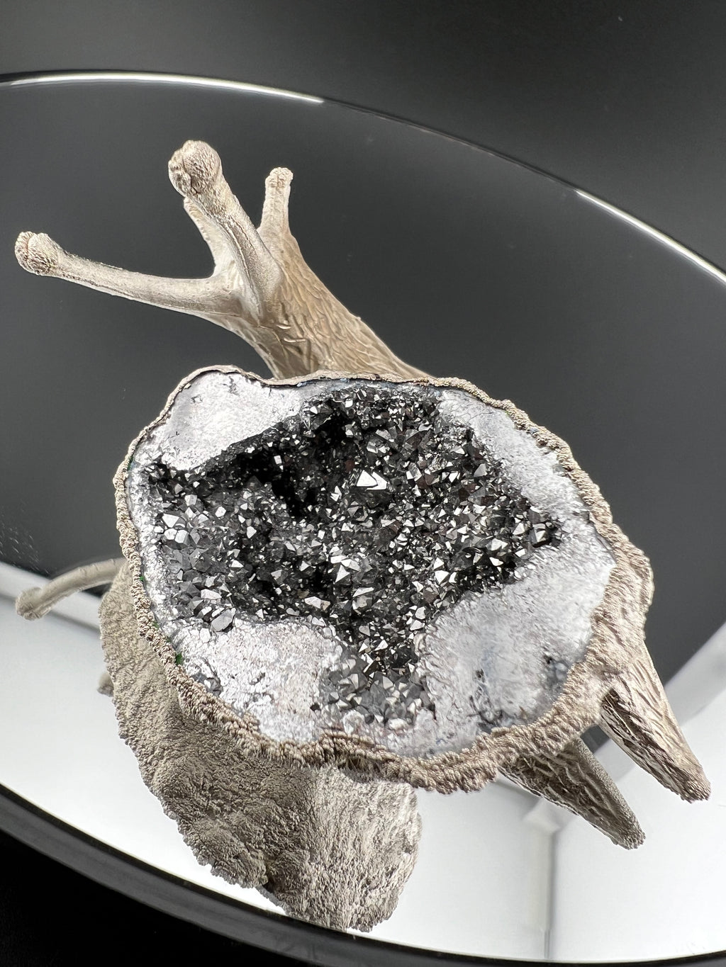 Snail With Shell As Silver Aura Geode Copper Electroformed Nickel Finished