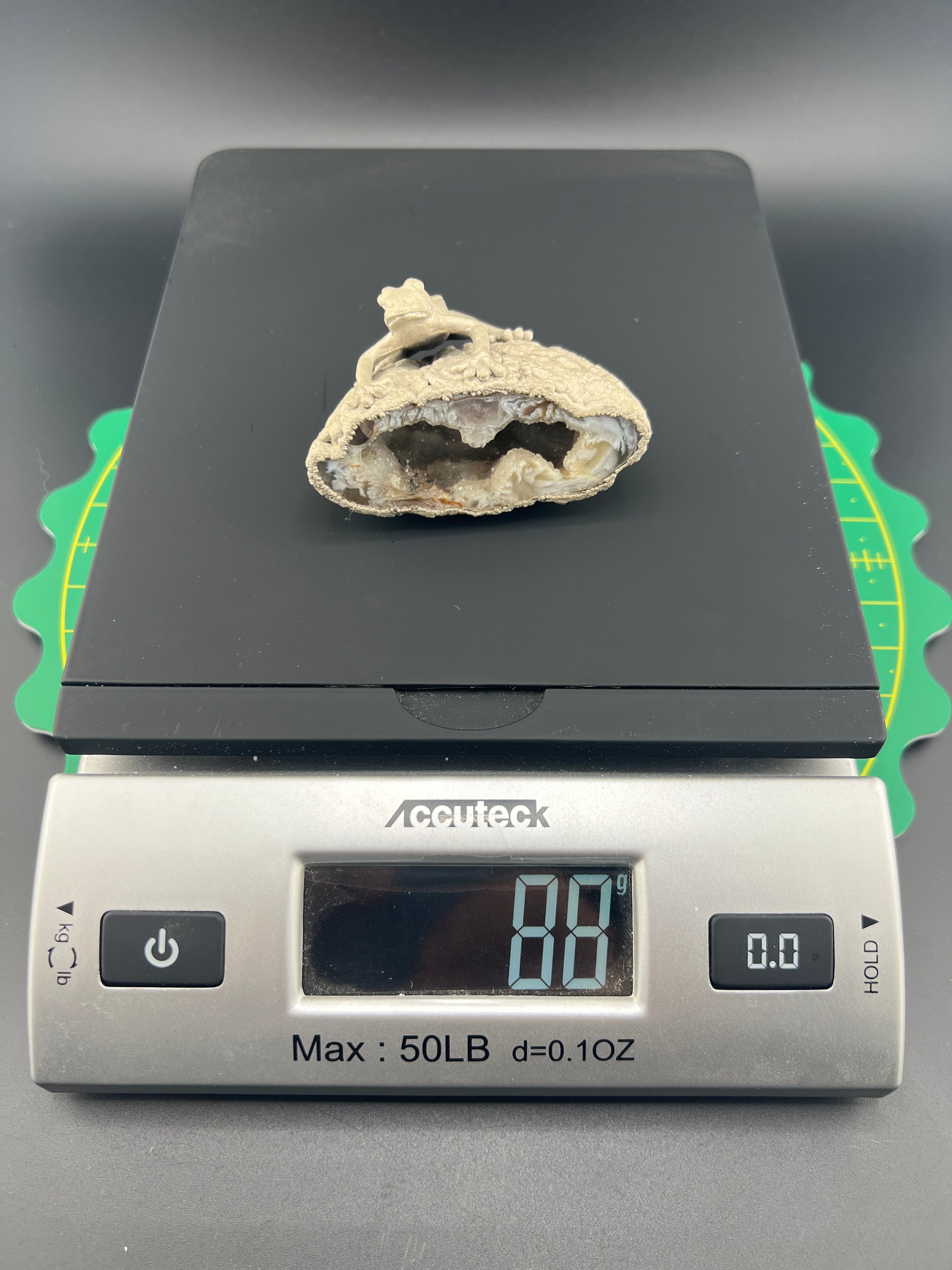 Frog On Oco Geode With Druzy Crystals
