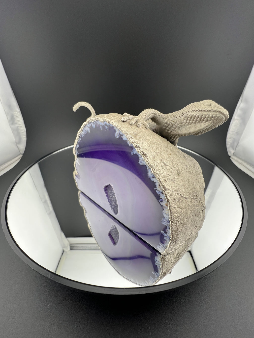 Purple Blue Agate Geode With Lizard On Back Nickle Finish
