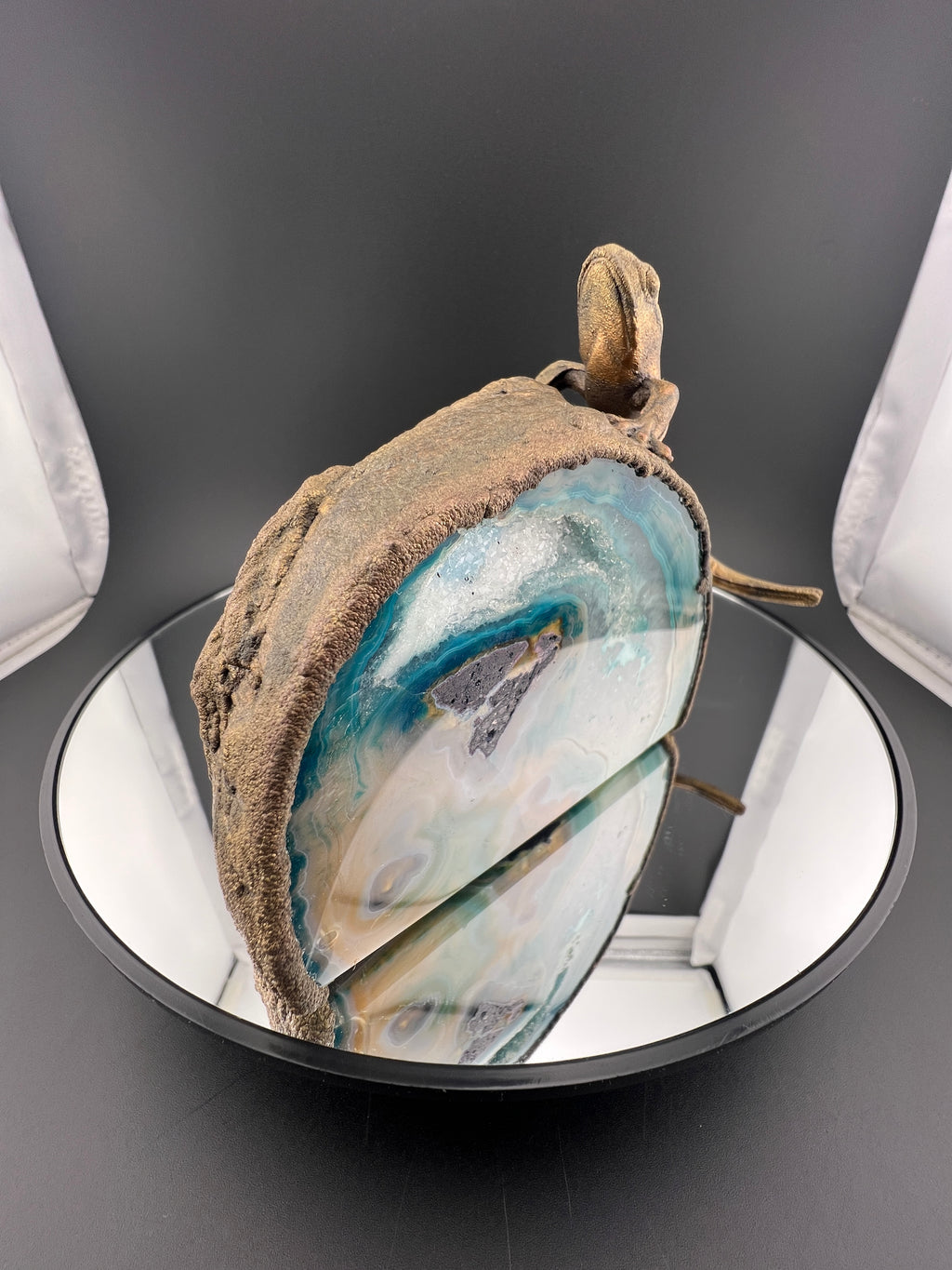 Teal Agate Geode Blue Dyed With Gecko Brass