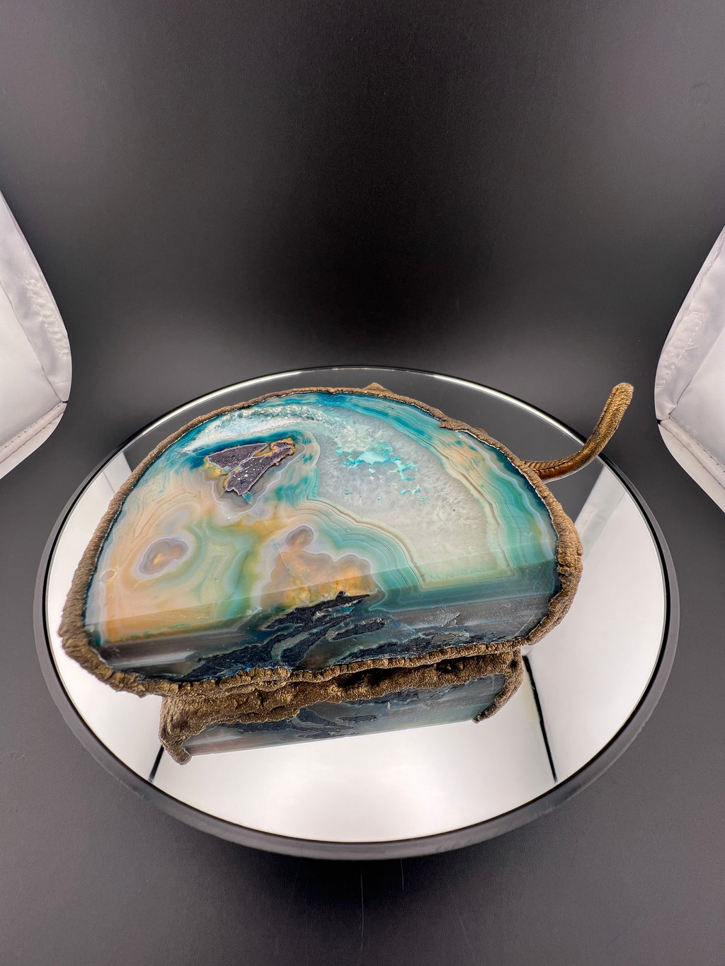Teal Agate Geode Blue Dyed With Gecko Brass