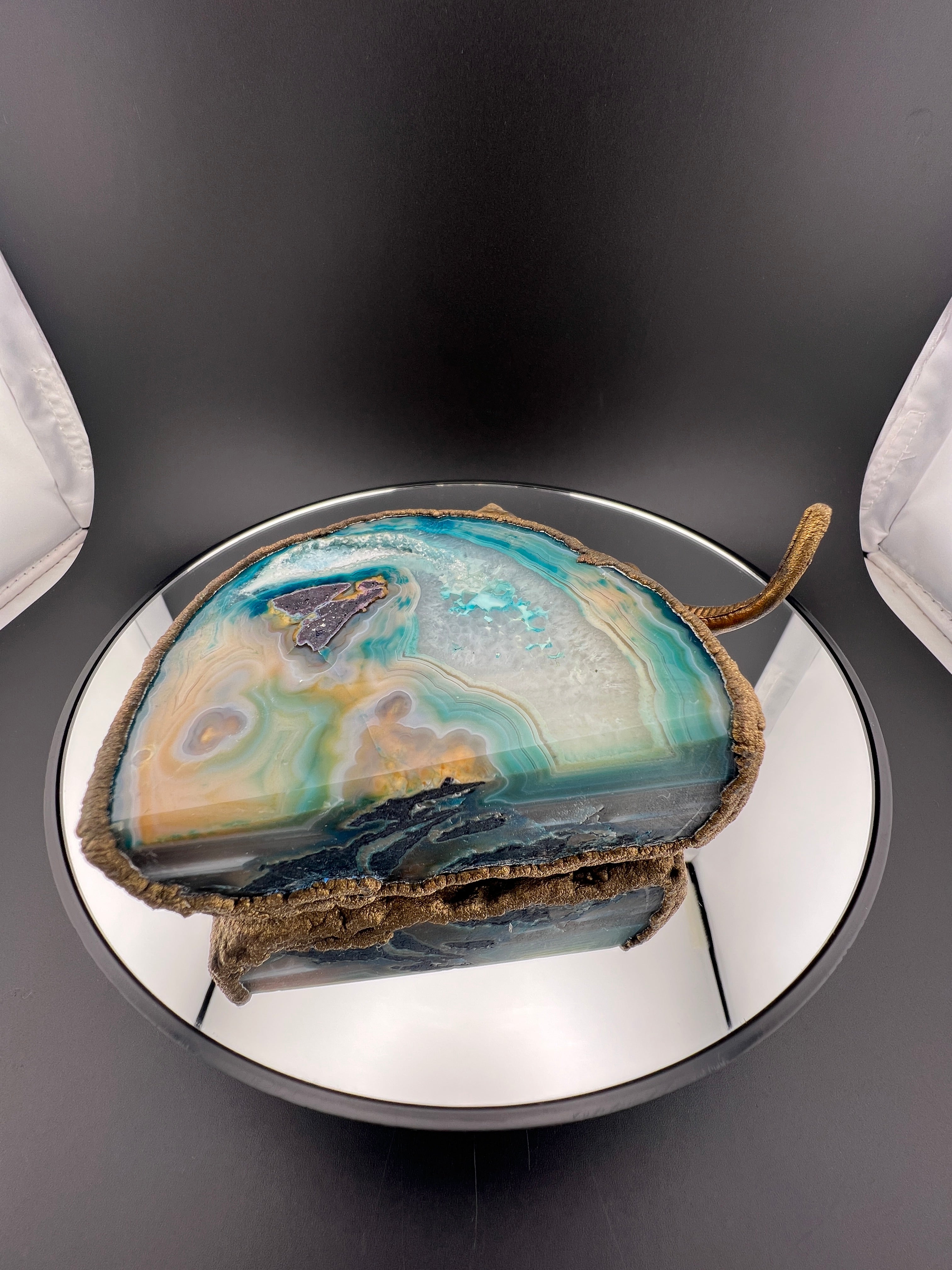 Teal Agate Geode Blue Dyed With Gecko Brass
