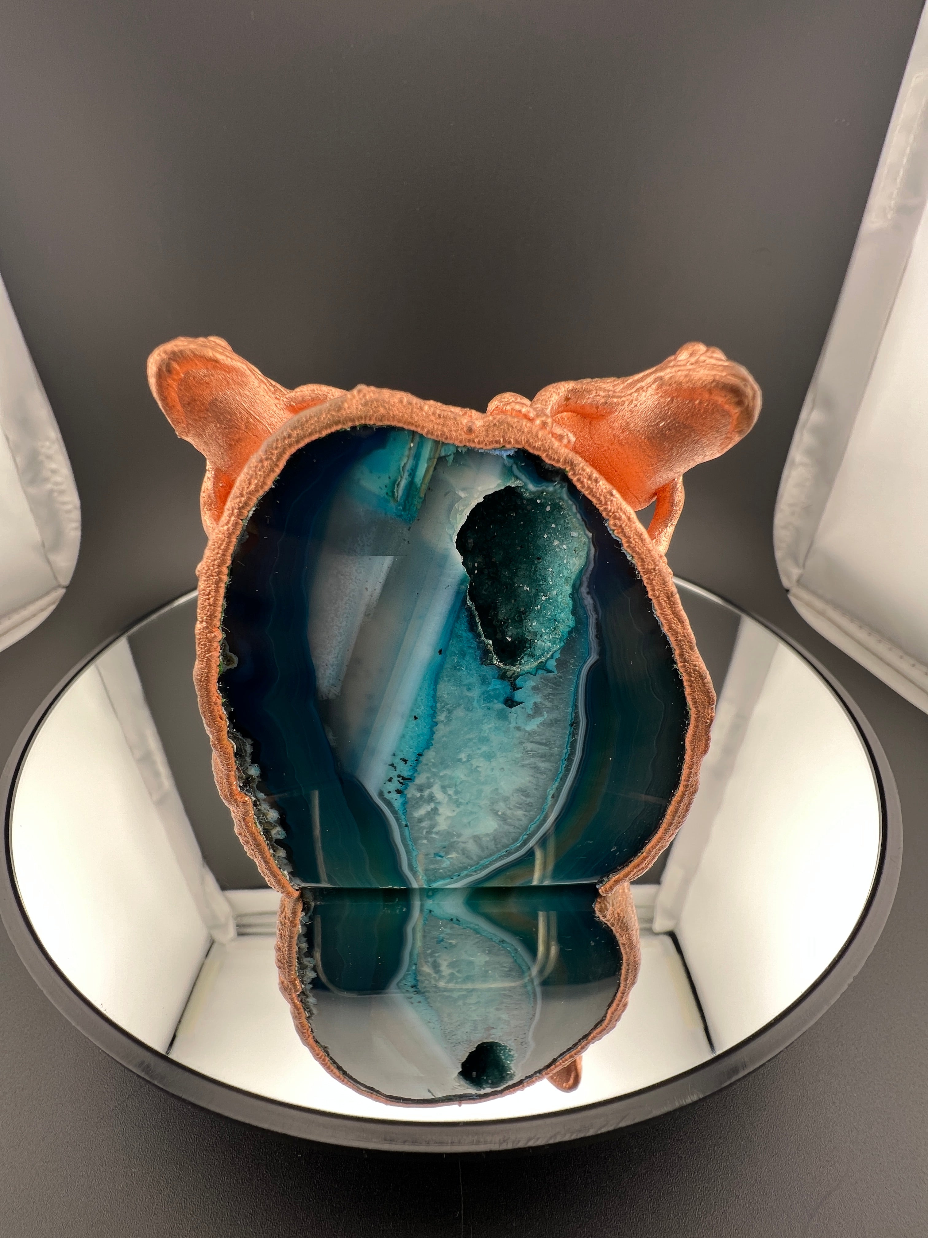 Pair OF Flogs On Blue Dyed Teal Agate Geode