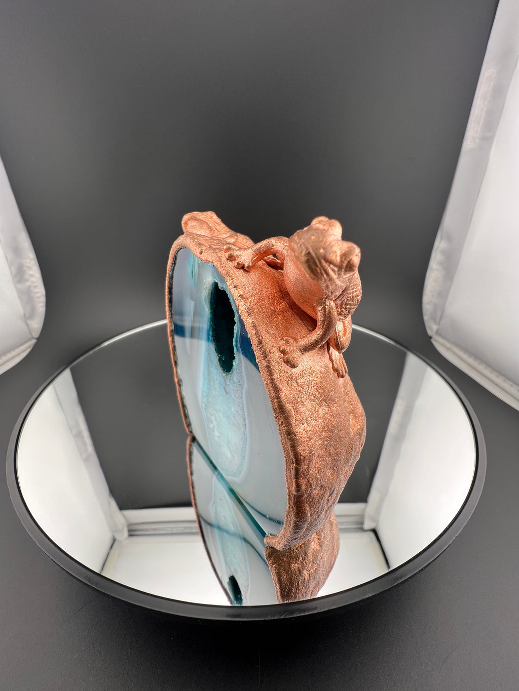 Pair OF Flogs On Blue Dyed Teal Agate Geode