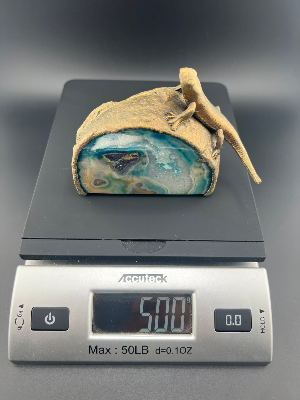 Teal Agate Geode Blue Dyed With Gecko Brass