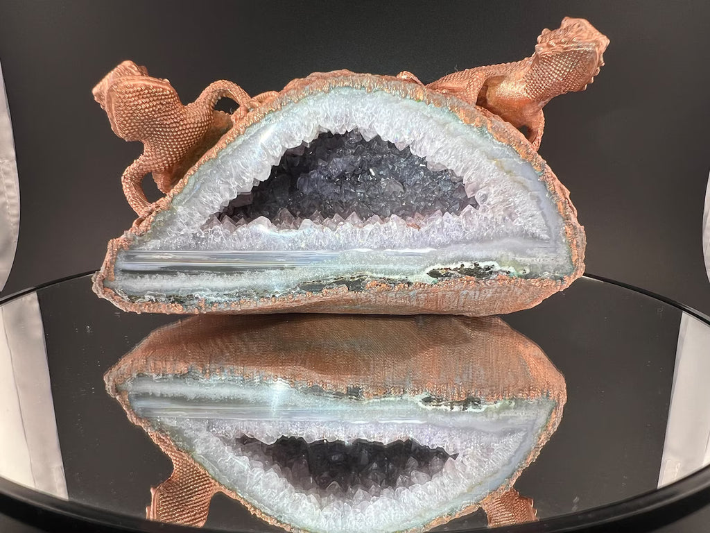 Geckos On Pale Pink Amethyst Geode Cave Copper Electroformed