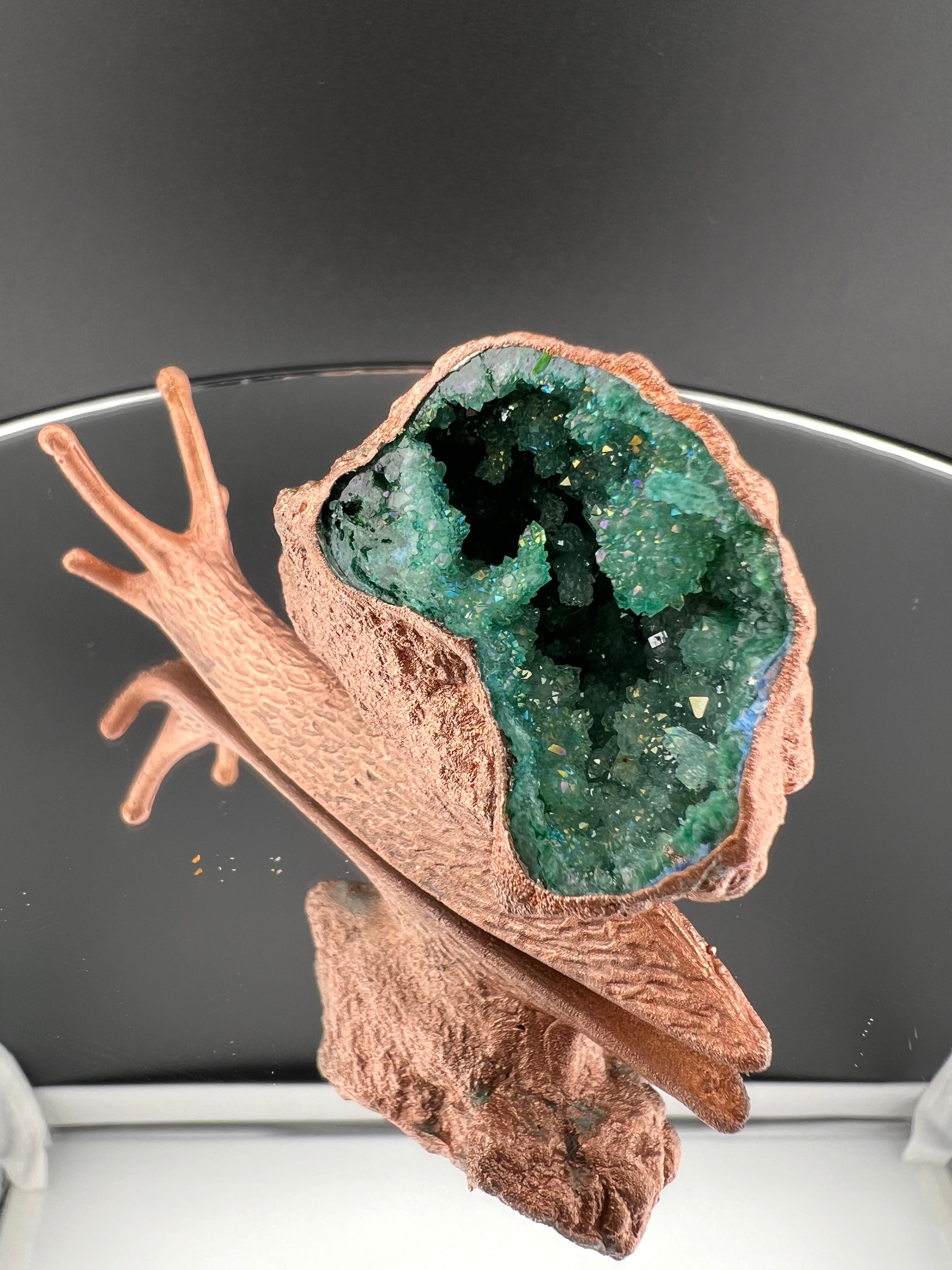 Snail With Green Dyed Geode As Shell Copper Electroformed