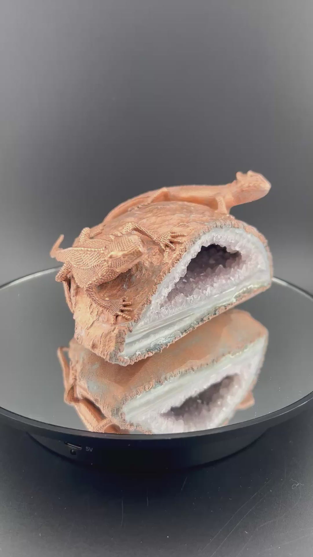 Geckos On Pale Pink Amethyst Geode Cave Copper Electroformed